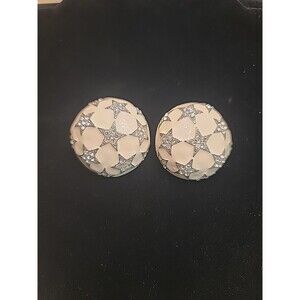 Vintage Jay Strongwater Star Clip On  Earrings Round Enamel  Cream & Silver Tone